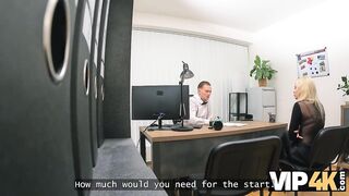 VIP4K. Teen blondie touched a cock for the first time...In the office
