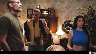 French Brunette with Fake Enhanced Huge Boobs Gets Her Nipples Sucked while Frozen in Time