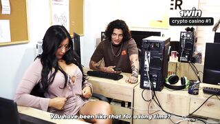 Big-bottomed brunette secretary offers her help to the boss's son in the office to gain an advantage