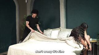 Stepson fulfills his fantasy after the hotel makes a mistake and he ends up sharing a bed with his stepmother